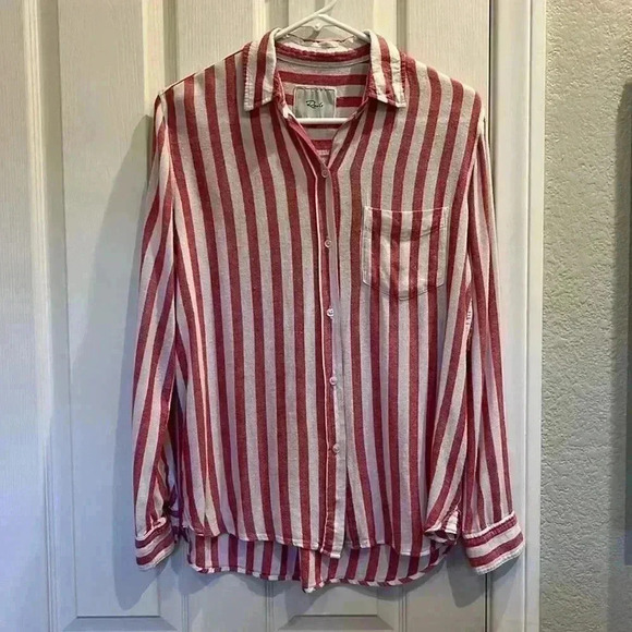 Rails Shirt Button Down Long Sleeve Top Pink Red Striped Linen Blend Coastal XS - Picture 3 of 13